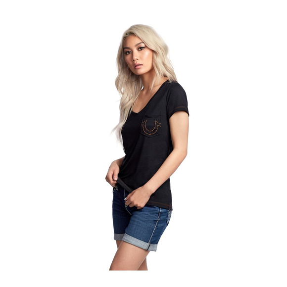 True Religion Women's V Pocket Round V-Neck Tee T-Shirt in Black - Picture 2 of 4